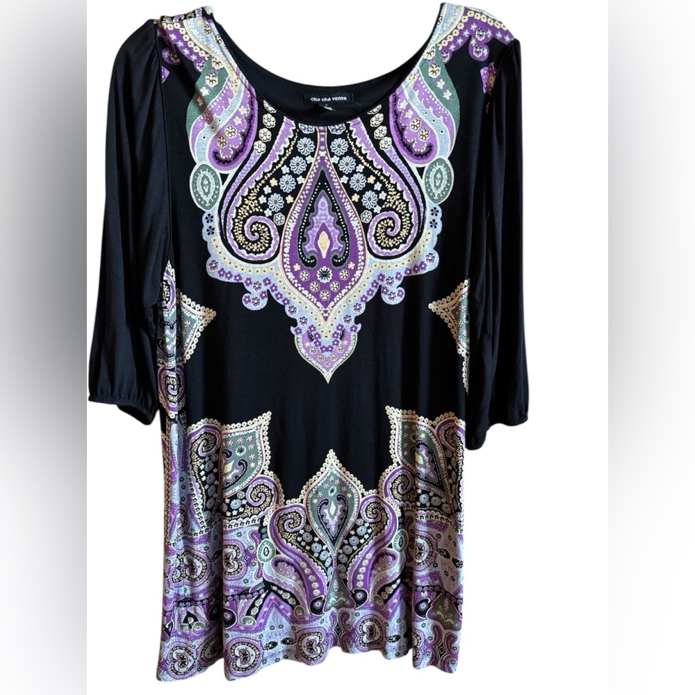 Cha Cha Vente Boho Tunic Top Size L Paisley 3/4 Sleeve Blouse Bohemian Long Fit